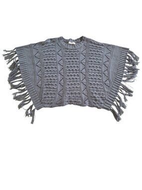 Elan Knit Poncho Sweater Women OS Gray Fringe Open Knit Hobo Coastal Hippie Boho